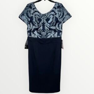JS Collections Blue Ribbon and Lace Crepe Midi Dress V Back Short Sleeve 14